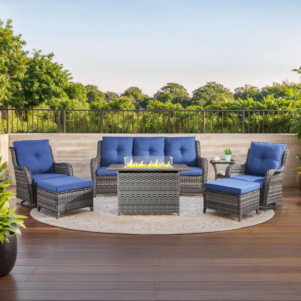 Carolina 7-Piece Outdoor Patio Furniture Set, Gray Wicker Fire Pit Table with Swivel Chair and Side Table, Gray Cushions price history on PriceWatchPro