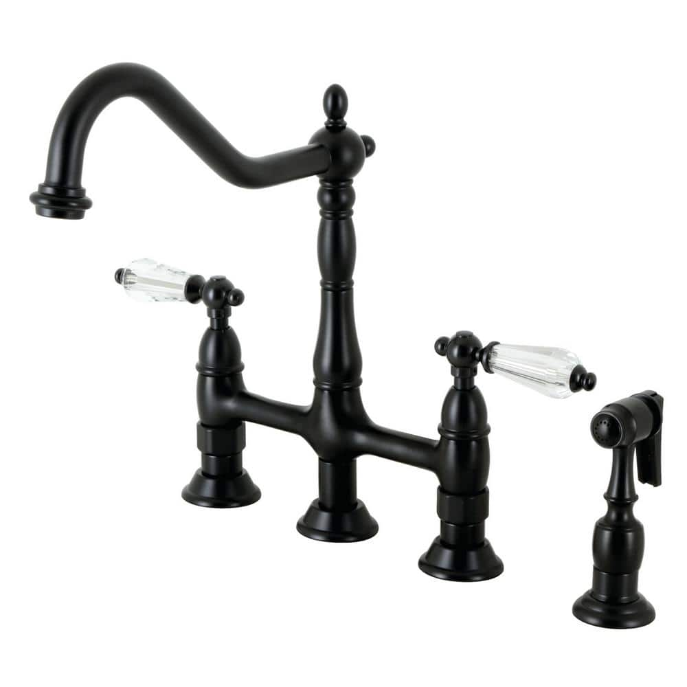 Wilshire Double-Handle Deck Mount Gooseneck Bridge Kitchen Faucet with Brass Sprayer in Matte Black -  Kingston Brass, HKS1270WLLBS