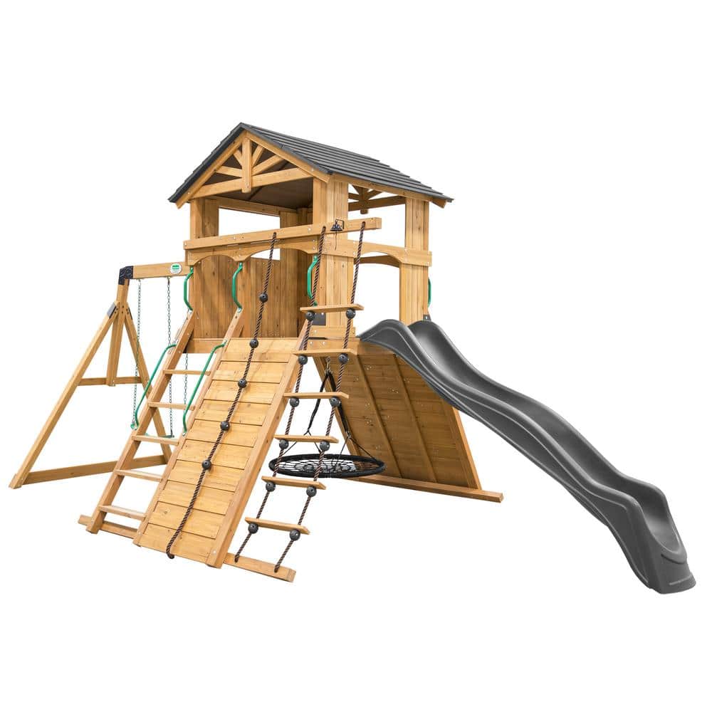 Backyard Discovery Endeavor All Cedar Wood Children Swing Set Playset with  Elevated Clubhouse Climbing Wall Swings Web Swing and Gray Slide 2300033COM  ...