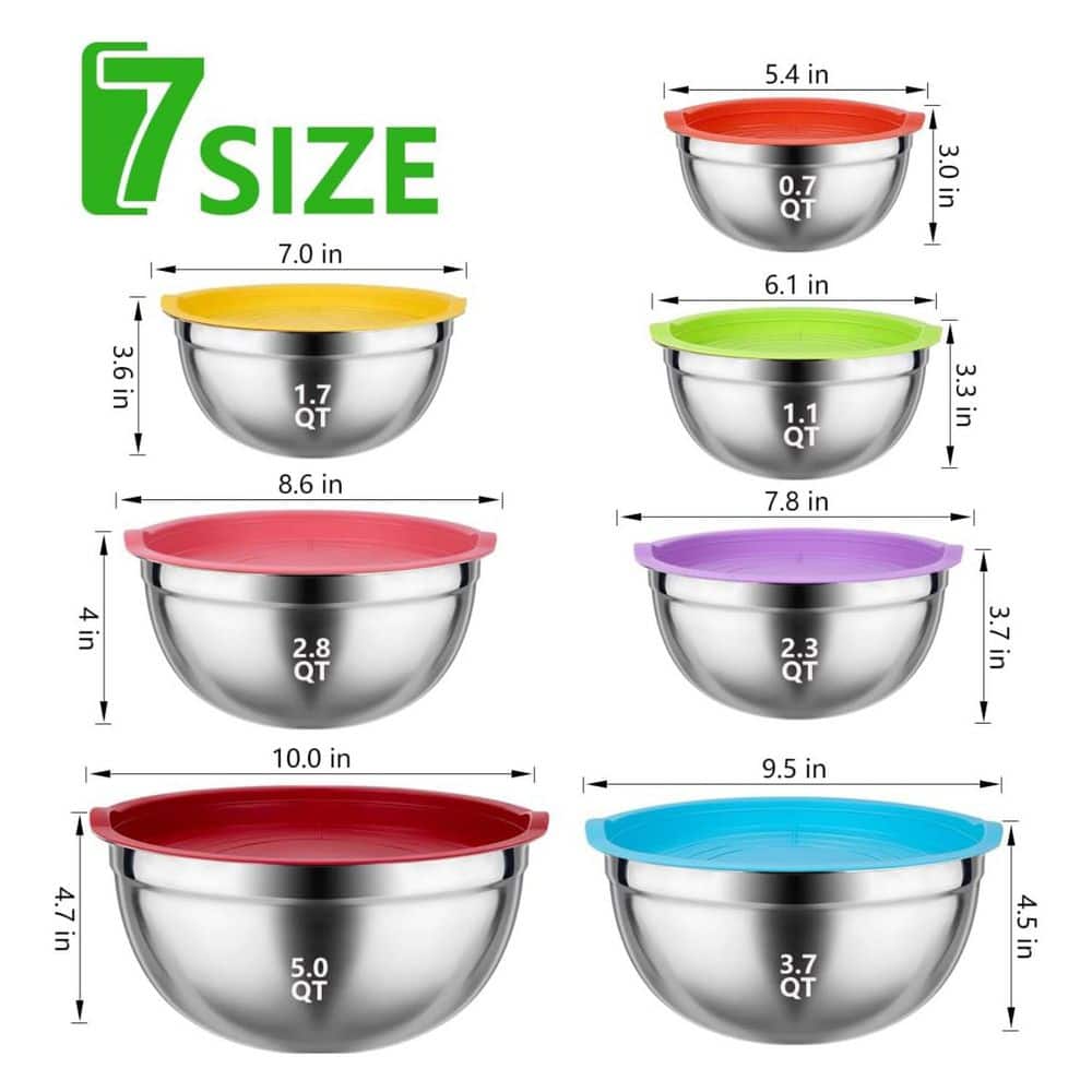 Stainless Steel Mixing Bowls Set with Lids-7 Sizes (5QT to 0.7QT) and 11 Cooking Utensils for Baking, Mixing and Serving - Thumbnail 2