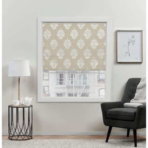 Marseilles Damask Natural Cordless Total Blackout Roman Shade 34 in. W x 64 in. L