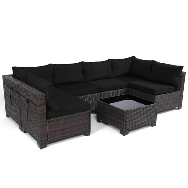 LeveLeve 7-Pieces Outdoor Patio Furniture Sets, Weaving Wicker Patio Sofa, Rattan Conversation Sectional Set with Tea Table Black