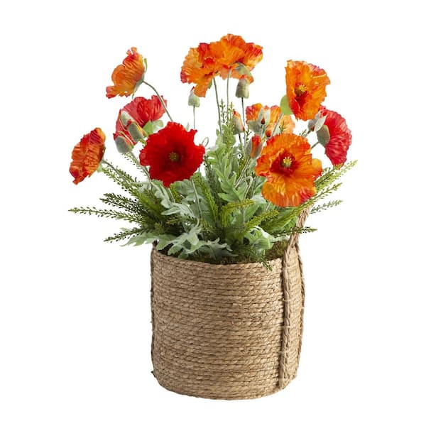 D&W Silks Indoor Artificial Poppies in Round Natural Rope Basket
