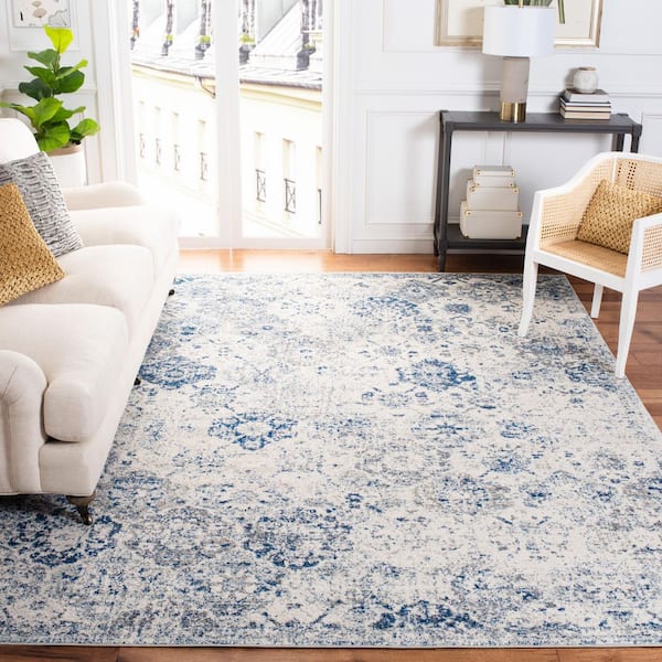 Madison White/Royal Blue 12 ft. x 18 ft. Border Floral Medallion Geometric Area Rug