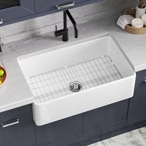White Fireclay 33 in. Single Bowl Farmhouse Apron Kitchen Sink with Bottom Grid and Basket Strainer