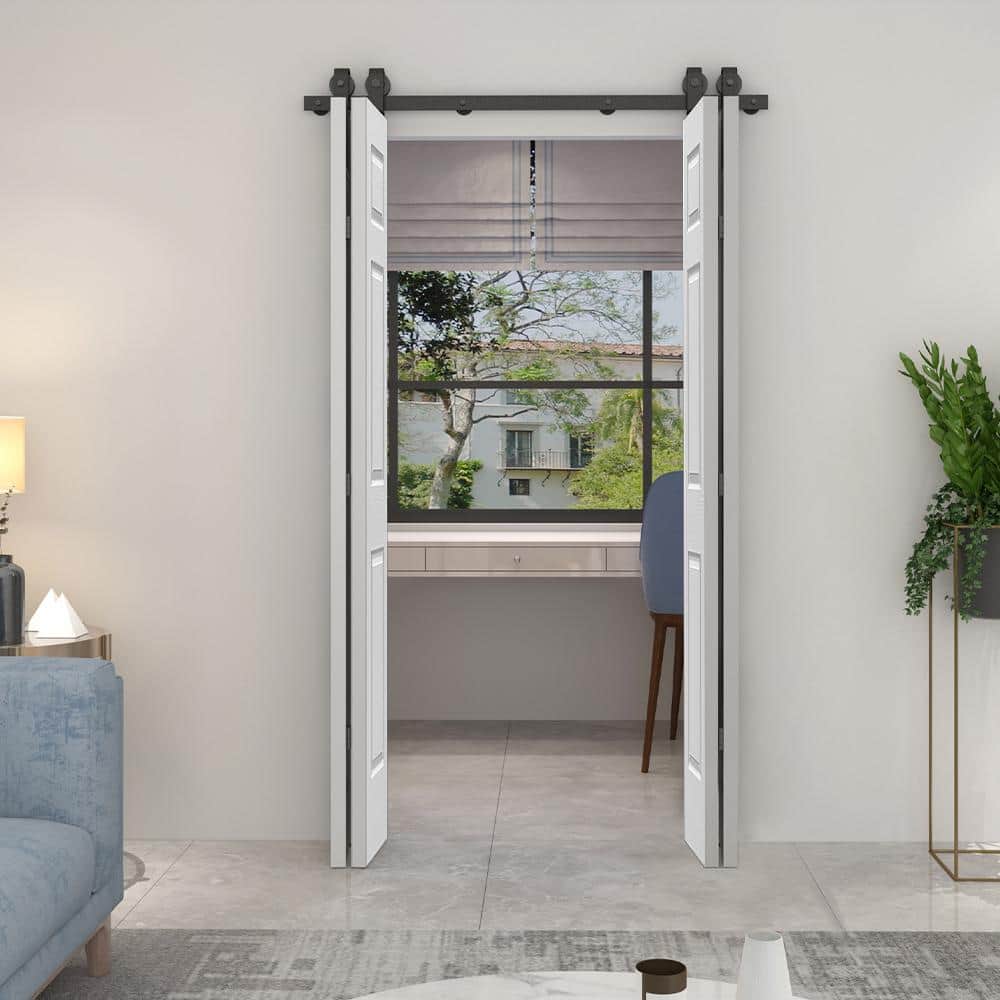 48 in. x 80 in. White Primed MDF Double Bi-Fold Barn Door with Black Hardware