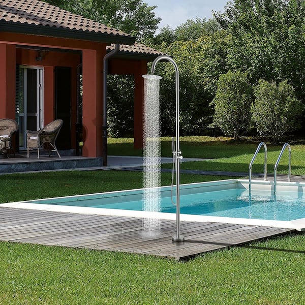 Outdoor Exposed Shower Faucet Single-Handle Roman Tub Faucet Floor Mount with Hand Shower in. Brushed Nickel