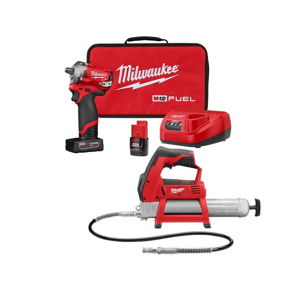 Milwaukee M12 FUEL 12V Lithium-Ion Cordless Stubby 1/2 in. Impact Wrench Kit with Grease Gun, One 4.0 and One 2.0Ah Battery -  2555-22-2446-20