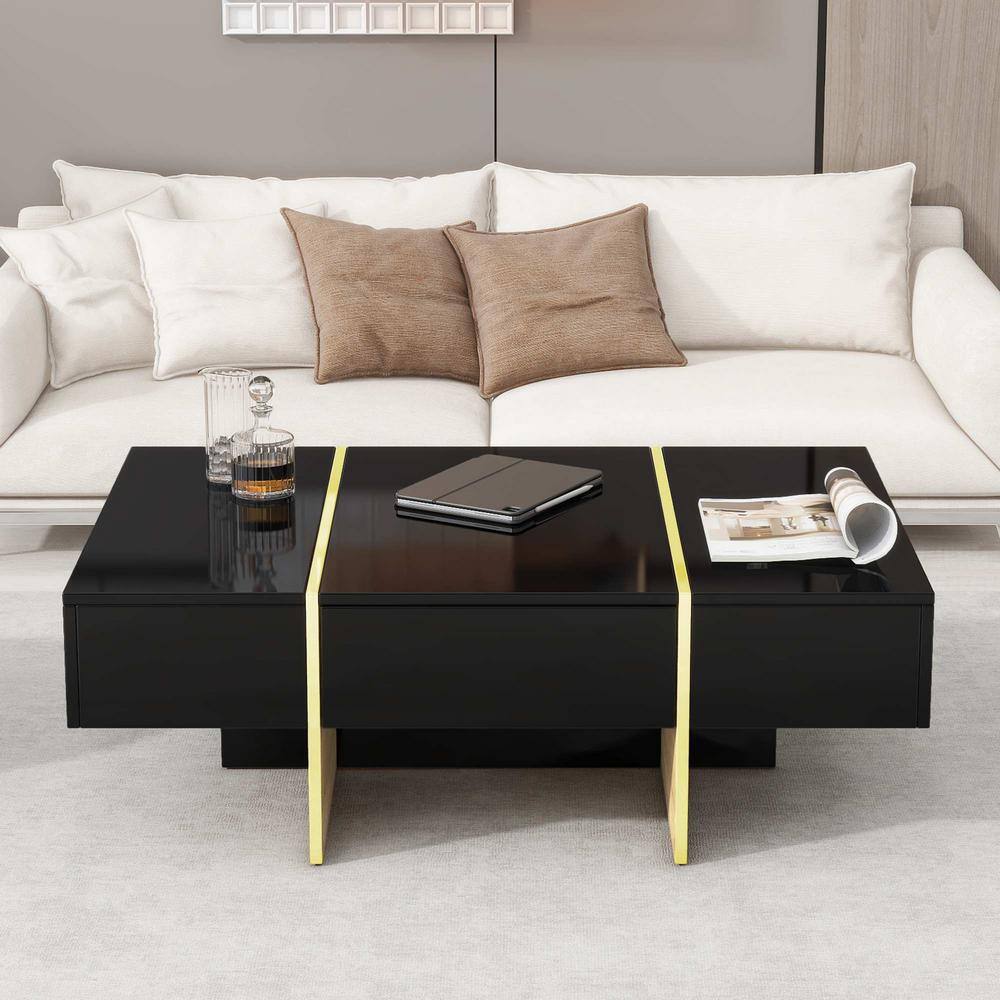 47.2 in. Black Rectangle Wood Coffee Table with 2 Drawers, Golden Wood Grain Legs price history on PriceWatchPro