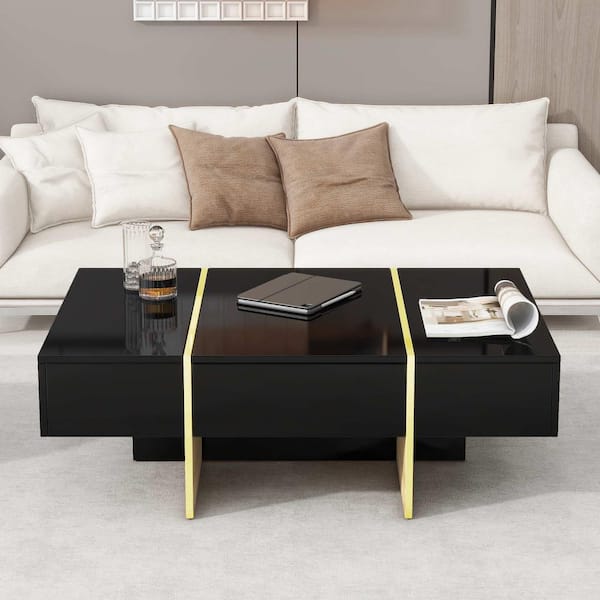 47.2 in. Black Rectangle Wood Coffee Table with 2 Drawers, Golden Wood Grain Legs