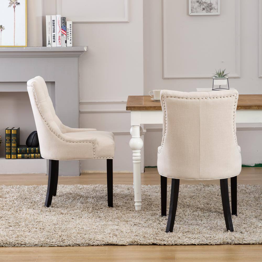 Beige Linen Tufted High-Back Wooden Side Chair