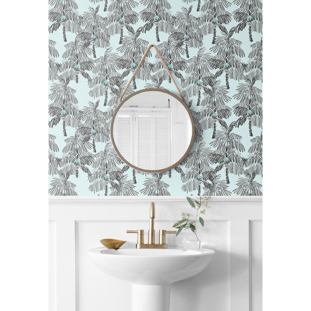 Sky Blue and Black Tropical Palm Peel and Stick Wallpaper