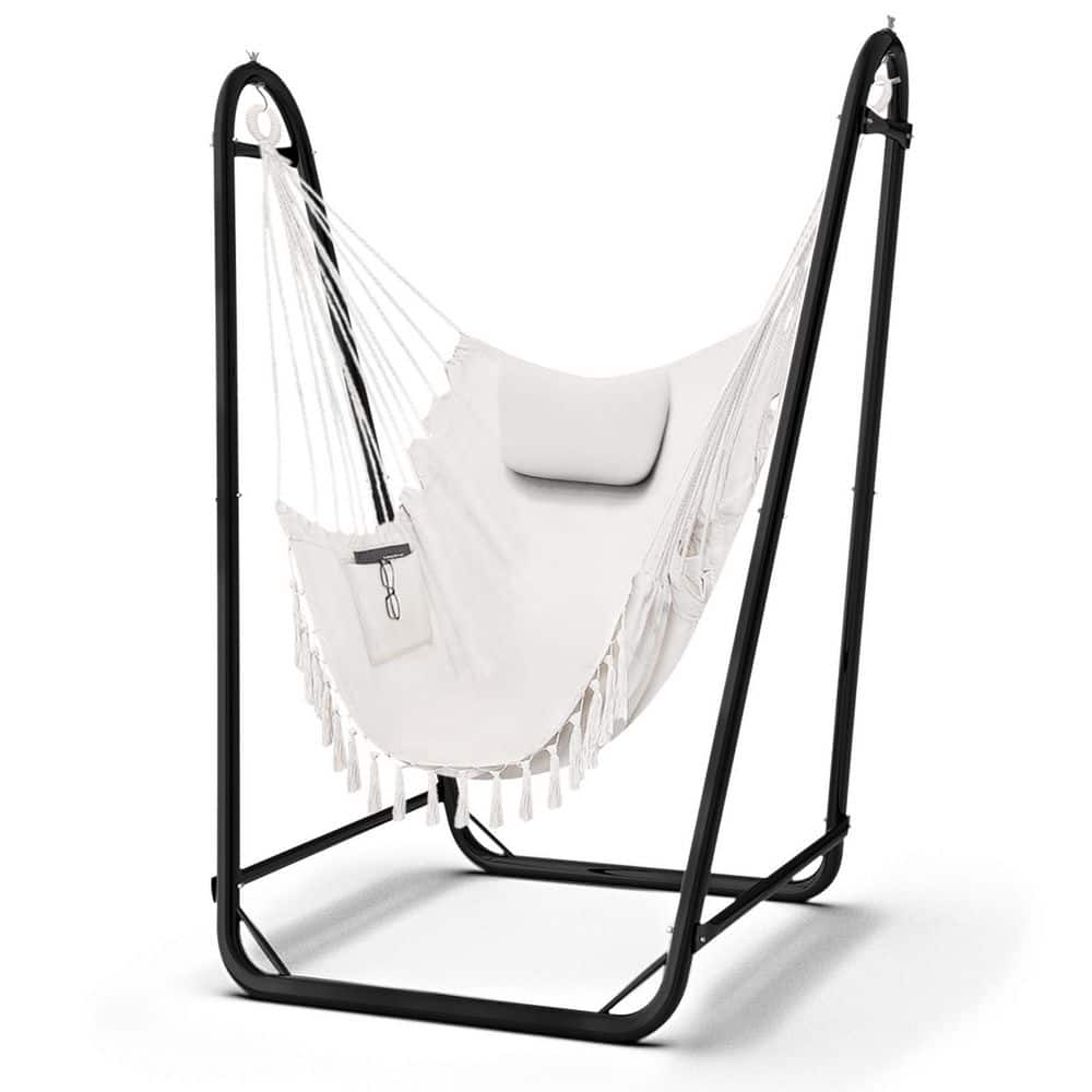 4.2 ft. White Hammock Chair with Stand, Sturdy Swing Heavy-Duty Hanging Chair with Stand, 350 lb. Wieght Capacity