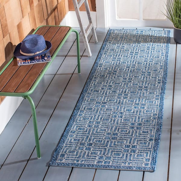 Courtyard Navy/Gray 2 ft. x 8 ft. Geometric Indoor/Outdoor Patio  Runner Rug