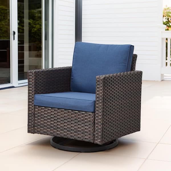 U-Weave Metal and Brown Wicker Outdoor Rocking Chair Patio Swivel Chairs with Olefin Navy Blue Cushions