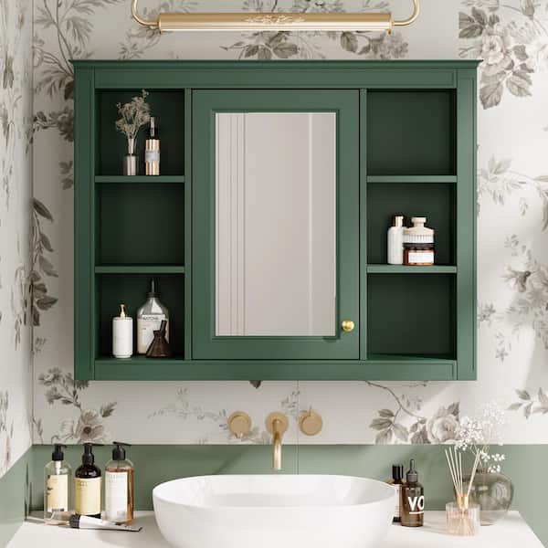 35 in. W x 27.5 in. H Green Rectangular Surface Mount Medicine Cabinet with Mirror, Adjustable Storage Shelf