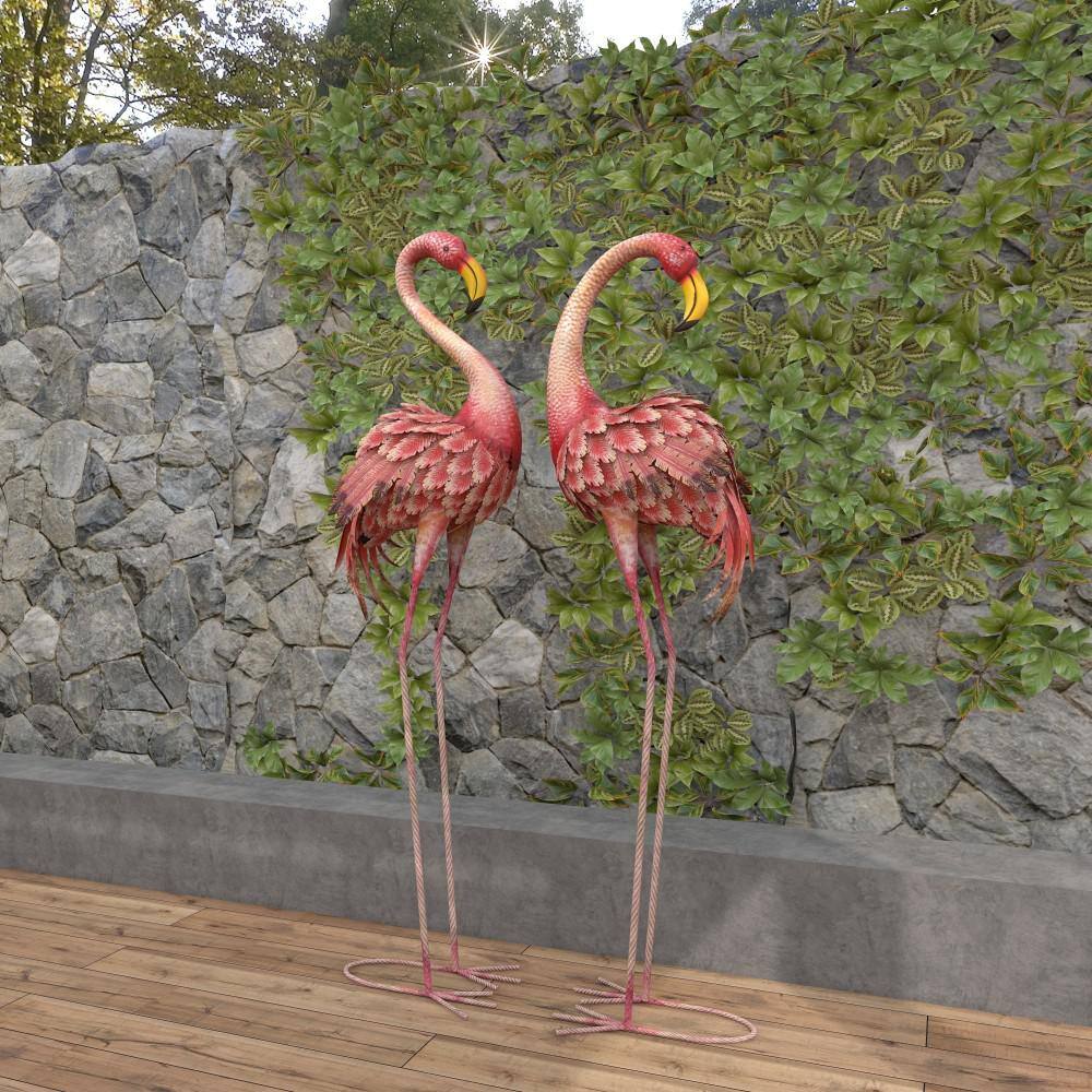 Pink and Yellow Iron Flamingo Garden Sculptures, Set of 2