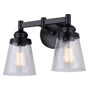Declan 14 in. 2-Light Matte Black Vanity Light with Seeded Glass Shades