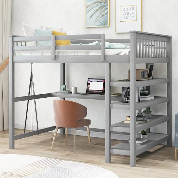 ANBAZAR Gray Full Size Loft Bed with Desk, Full Loft Bed with Storage Shelves, Kids Loft Bed/Wood Loft Bed Frame with Ladder