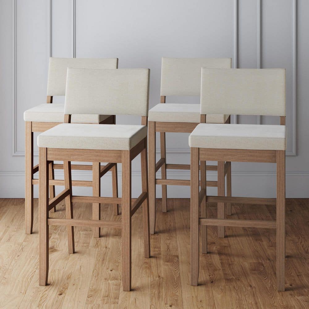 Linus Modern Upholstered Bar Stool with Back and Solid Rubberwood Legs in a Wire-Brushed Brown Finish, Set of 4 price history on PriceWatchPro