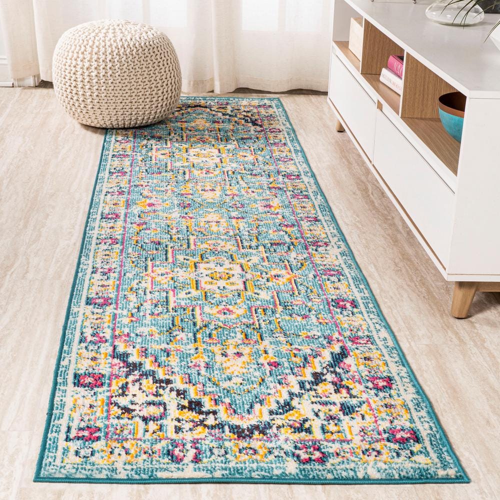 Blue and Multicolor Synthetic Medallion Runner Rug, 2' x 8'