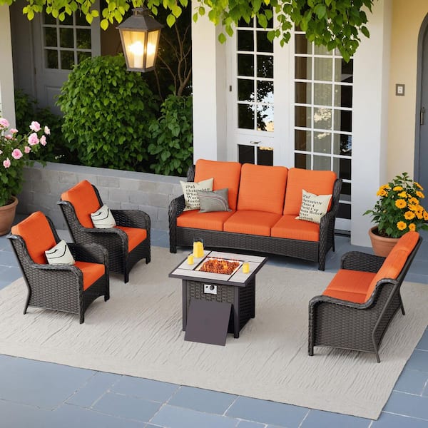 OVIOS Janus Brown 5-Piece Wicker Patio Fire Pit Conversation Seating Set with Orange Red Cushions
