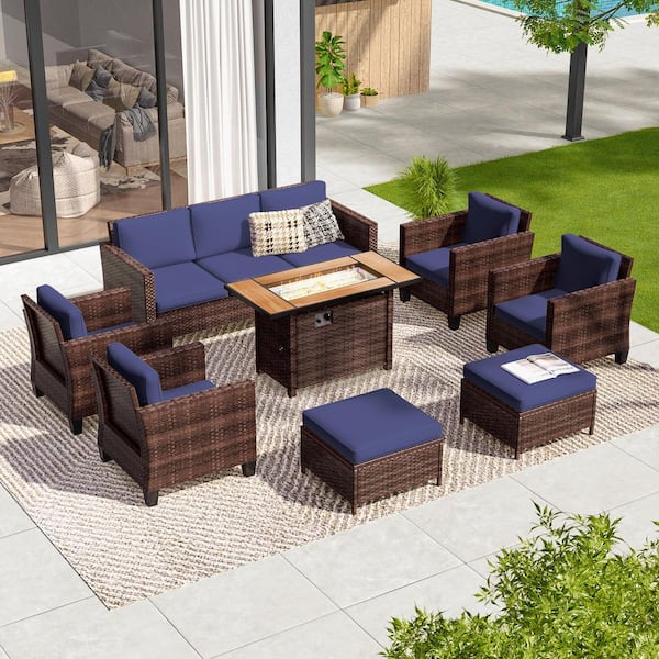 JOYESERY 8-Pieces Patio Conversation Set with Rectangle Fire Pit Table, Brown Wicker Wide Armrests Sofa with Navy Blue Cushion