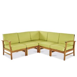 Giancarlo Teak 5-Piece Wood Outdoor Patio Sectional with Green Cushions