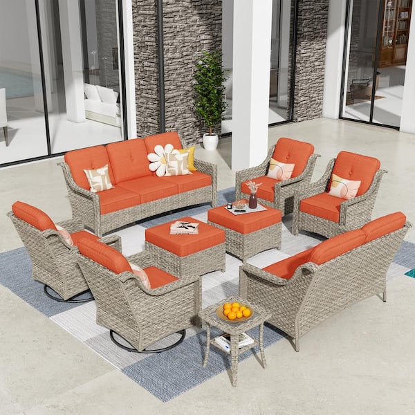 weaxty W Tulip H Gray 9-Piece Wicker Patio Outdoor Conversation Sofa Set with Swivel Rocking Chairs and Orange Red Cushions
