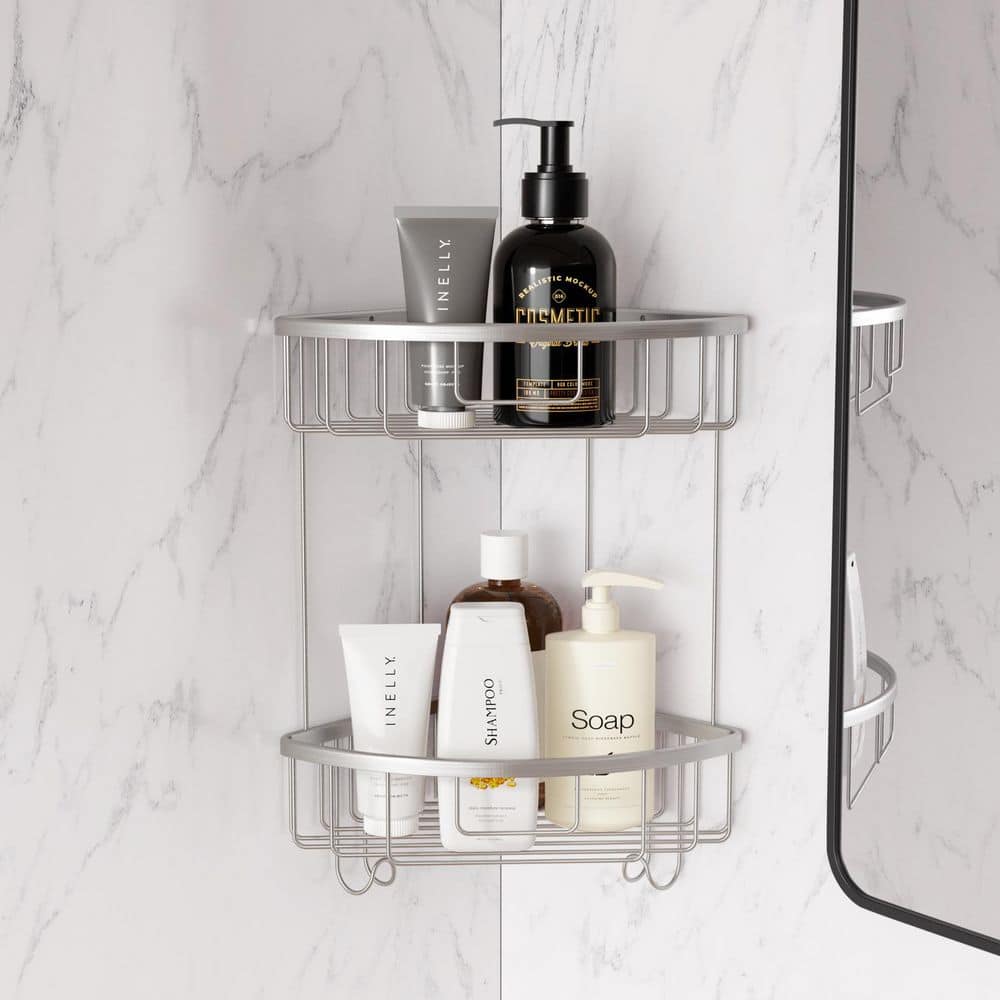 Double-Layer Aluminum Alloy Wall-Mounted Shower Corner Rack Corner Storage Rack Triangular Shower Caddy in Matte Silver price history on PriceWatchPro
