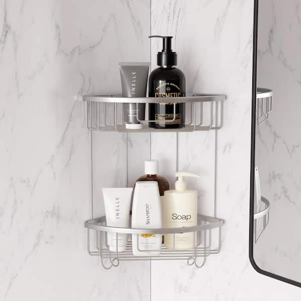 Double-Layer Aluminum Alloy Wall-Mounted Shower Corner Rack Corner Storage Rack Triangular Shower Caddy in Matte Silver