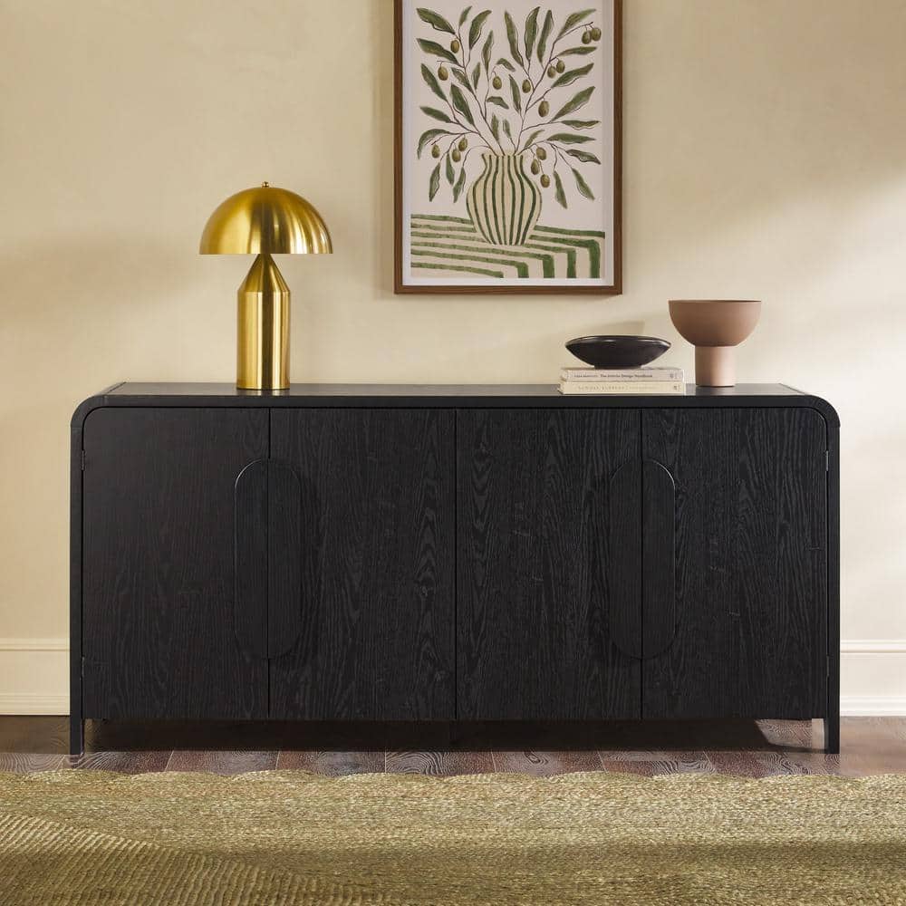 Contemporary Black 64 in. TV Stand Sideboard Fits TVs up to 70 in. with Curved Handles