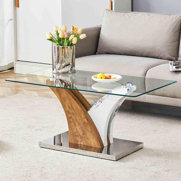 Polibi 39.4 in. White, Wood Rectangle Glass Coffee Table