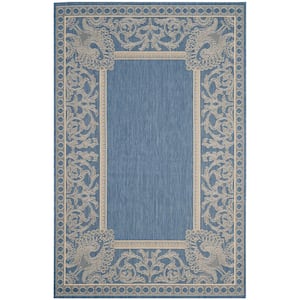 Courtyard Blue/Natural 8 ft. x 11 ft. Border Indoor/Outdoor Patio  Area Rug