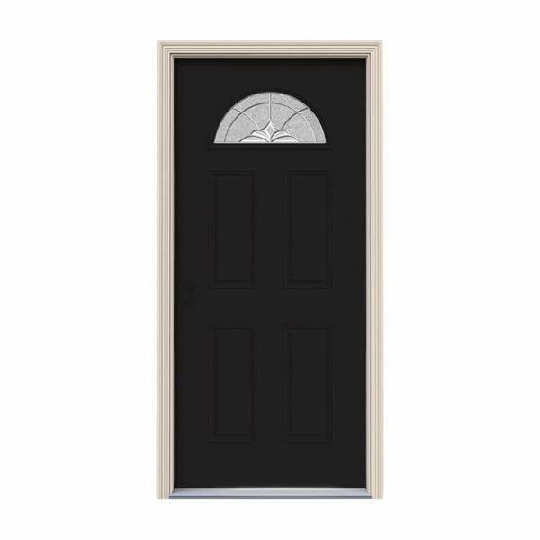 JELD-WEN 32 in. x 80 in. Fan Lite Langford Black Painted Steel Prehung Right-Hand Inswing Front Door w/Brickmould