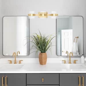 Aries 24.25 in. 3-Light Brushed Gold Glam Vanity with Ribbed Glass Shades