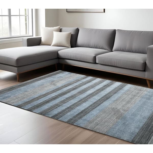 10 ft. x 14 ft. Gray And Light Blue Wool Striped Hand Woven Area Rug
