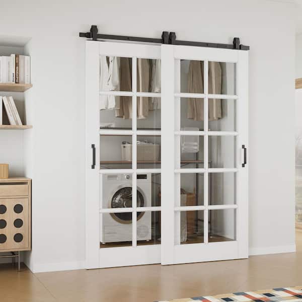 64 in. x 80 in. (Double 36 in.) 10-Lite Clear Glass White Primed MDF Sliding Barn Door with Hardware Kit Bypass