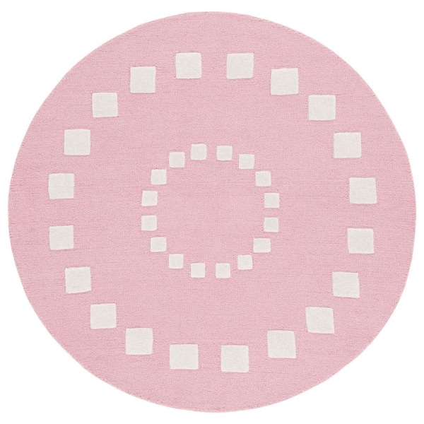 Kids 4 ft. x 4 ft. Pink/Ivory Geometric Border Radial Round Area Rug