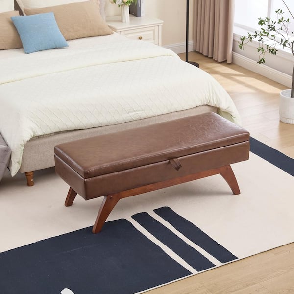 Noble House Horizon Brown Modern Upholstered PU Leather Storage Ottoman, Solid Wood Legs