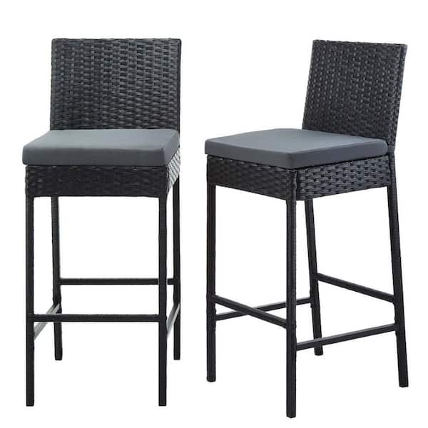 Cisvio Rattan Wicker Bar Stools For Kitchen Counter Outdoor Bar Stool with Gray Cushion Home Garden Decoration (Set of 2)