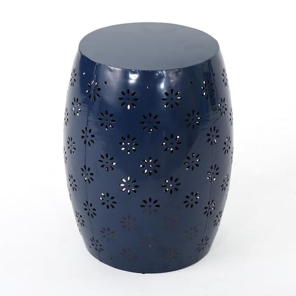 Noble House Abigail Dark Blue Round Metal Outdoor Patio Side Table