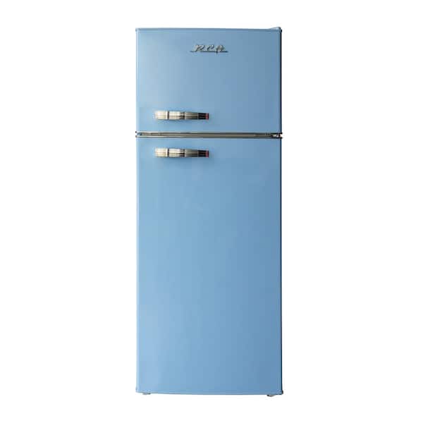 RCA 7.5 cu. ft. Mini Fridge with Top Freezer and Chrome Handles in Blue