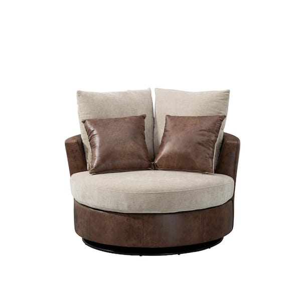 Unbranded Brown plus Beige Foam Swivel Accent Barrel Chair With 4 Pillows 360° Swivel