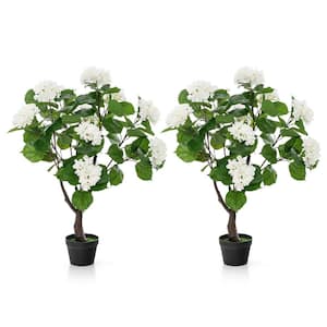 3.5 ft. Green Artificial Hydrangea Tree in Pot Fake Floral Plant w/11 White Flowers 2 Pack