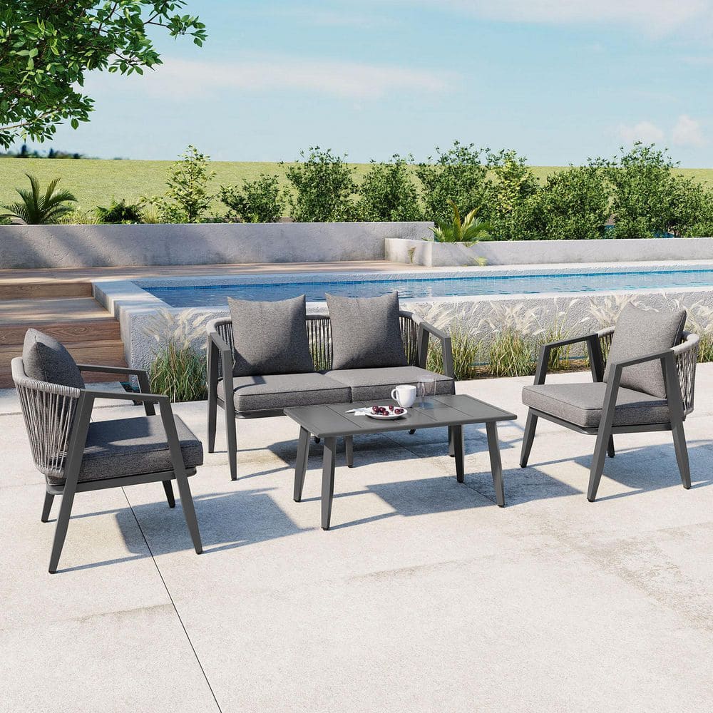 4-Piece Metal Patio Conversation Set with Gray Cushions for Patios HG ...