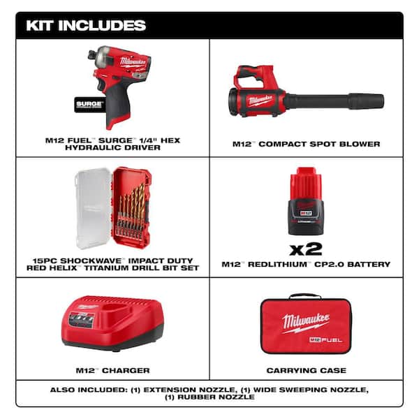 M12 FUEL SURGE 12V 1/4 in. Hex Impact Kit with M12 Compact Spot Blower with 15-Pc Titanium Set