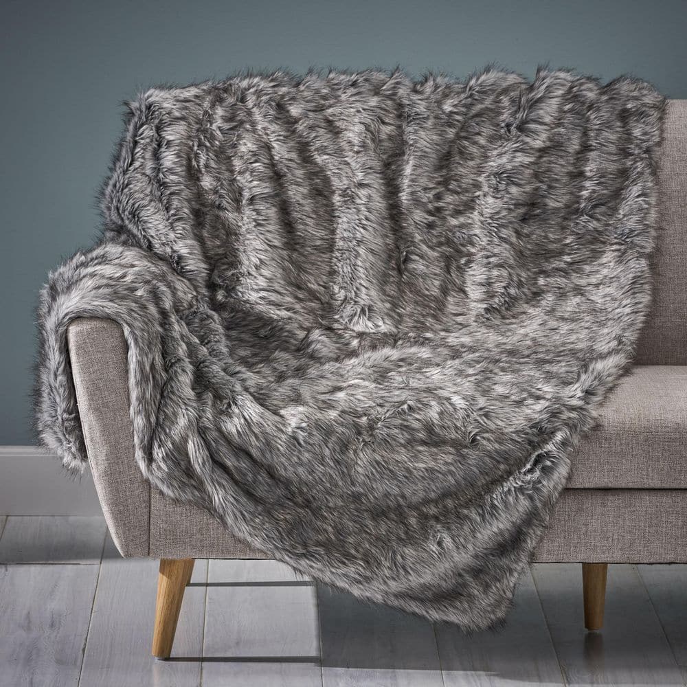 Gray Streaks Faux Fur Throw Blanket for Living Room or Bedroom or Couch, Be