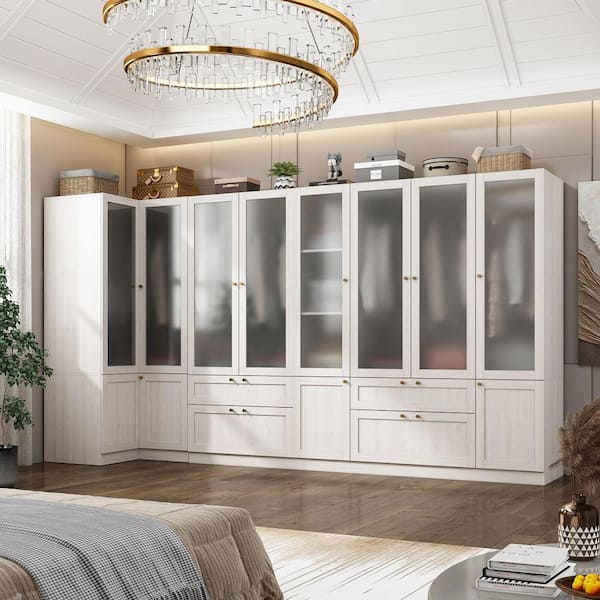 Light Oak Wood 129.9 in. Bedroom Armoire with Corner Cabinet, Frosted Glass Doors and Multiple Hanging Rods