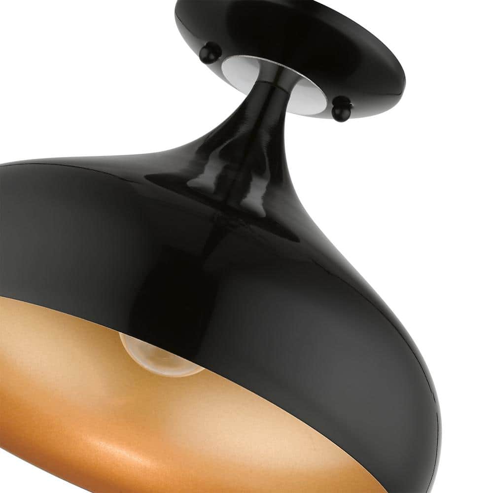 Amador Transitional 1-Light Semi-Flush Mount in Shiny Black with Gold Interior